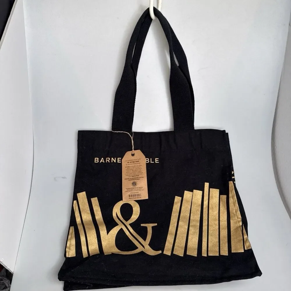 Barnes & Noble Black & Gold Tote Bag Organic Cotton Reusable NEW 15